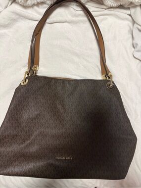 Michael Kors Dark Brown MK Logo Shoulder Tote with Gold Hardware
